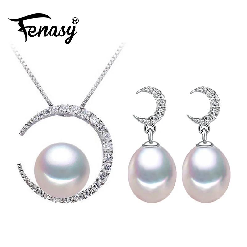 

FENASY Pearl Jewelry wedding engagement jewelry sets,Natural Pearl pendant Necklace women/moon pendant,cute moon earrings female