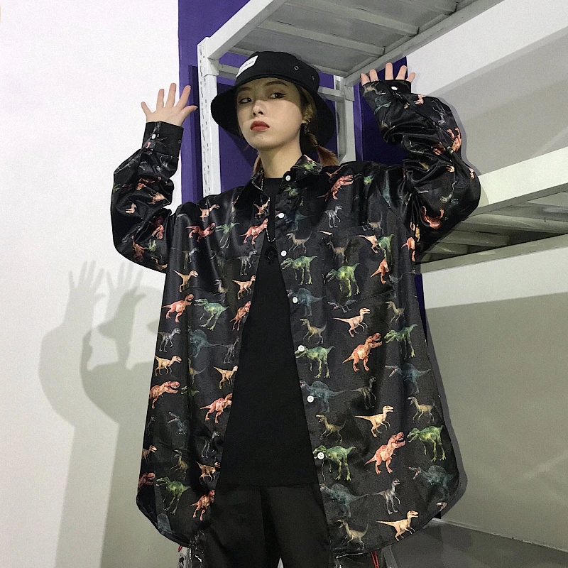 Harajuku блузка BF Женская свободная с длинными рукавами принтом динозавра