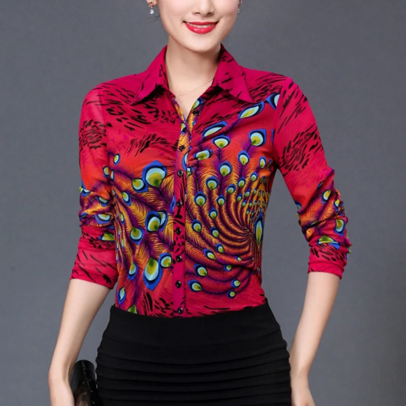 Spring 2017 New Casual Womens Red Floral Printed Pattern Long Sleeve Mesh Blouse , Autumn 3XL