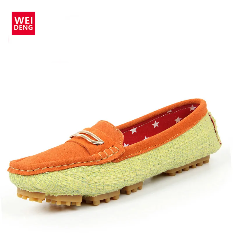 

WeiDeng Women Moccasin Leather Shoes Genuine Fashion Suede Loafers Woman Flats Slip On Metal Decoration Superstar Boat Shoes