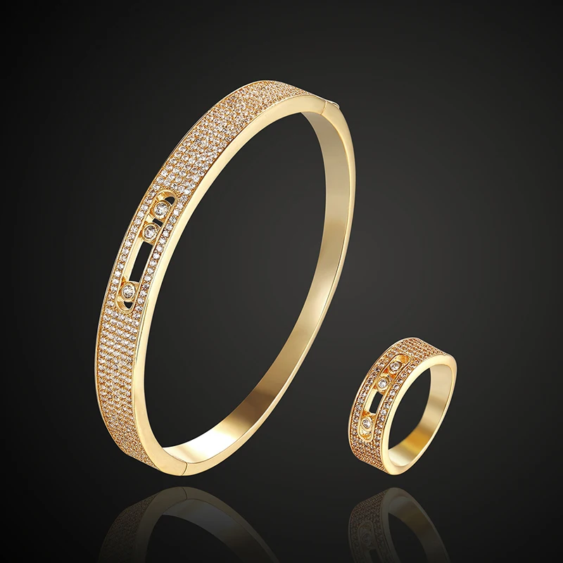 

Fateama brand Micro pave setting Gold Bangle Wedding Jewelry Sets gold Dubai Jewellery Women messeka Rings Aneis Pulseira Bijoux