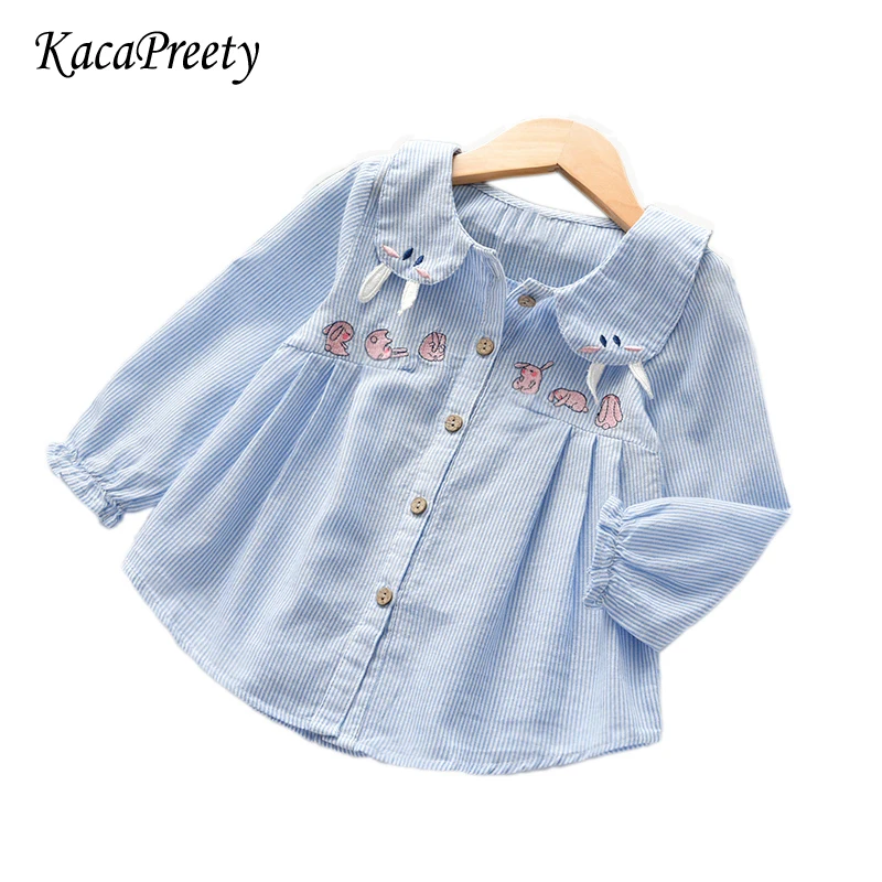 

Girls Shirt Autumn Blue/Pink White Stripe Long Sleeve Kids Shirt Cotton toddler girls tops children outfits 3-10Yrs