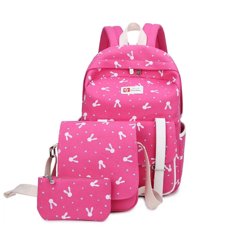 

3 pcs/set Cartoon Rabbit Canvas Women Backpack Schoolbag travel Backpacks for Teenage Girls Day pack Rucksack Moclila