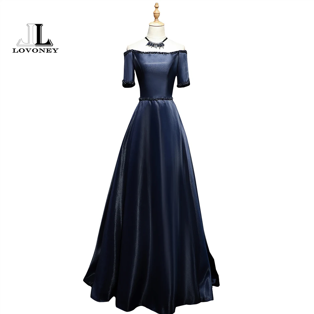 LOVONEY Elegant Beading Evening Dresses Long Boat Neck Short Sleeve Satin Formal Party Dress Evening Gown Robe De Soiree XYG703
