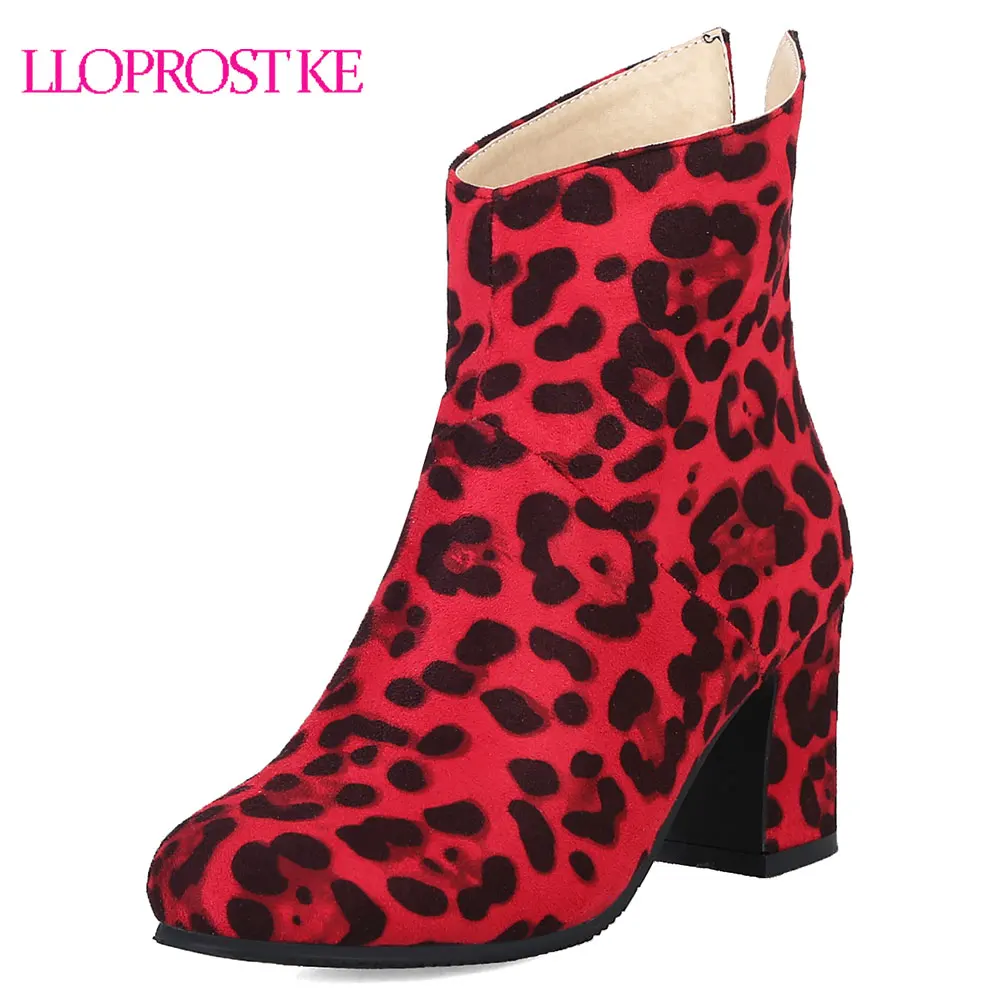 

Lloprost ke Leopard Print Women Boots Zip Round Toe Footwear Ankle Female Boot Thick High Heels Shoes Woman Winter Size 47 D370