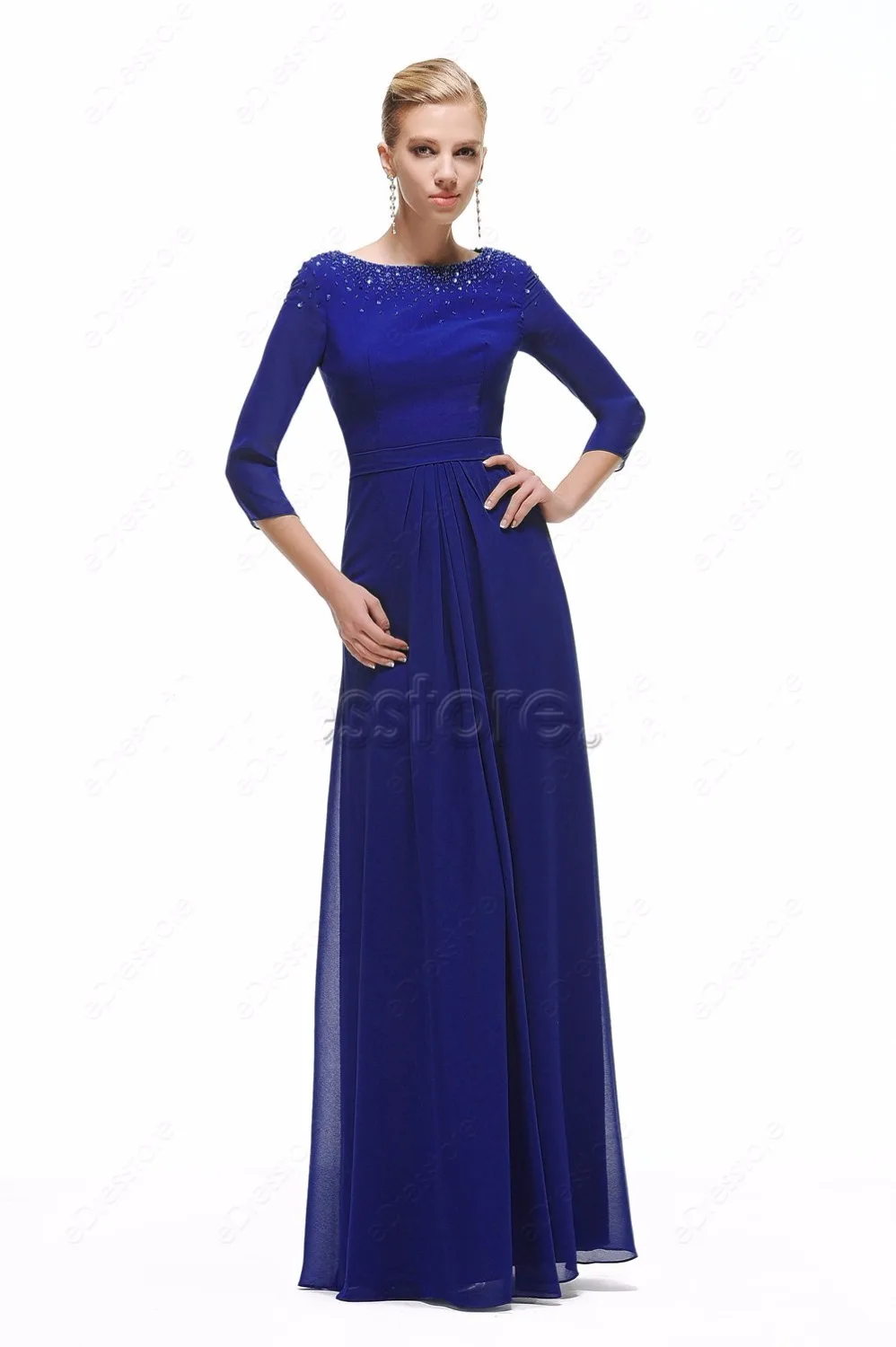 Royal Blue Chiffon Dress with Sleeves