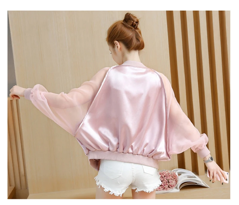 Women Jacket Pink Stand Collar Mixed Media Zipper Bomber Jacket Korean Sunscreen Baseball Uniform Loose Women Jacket D8A33 (3)