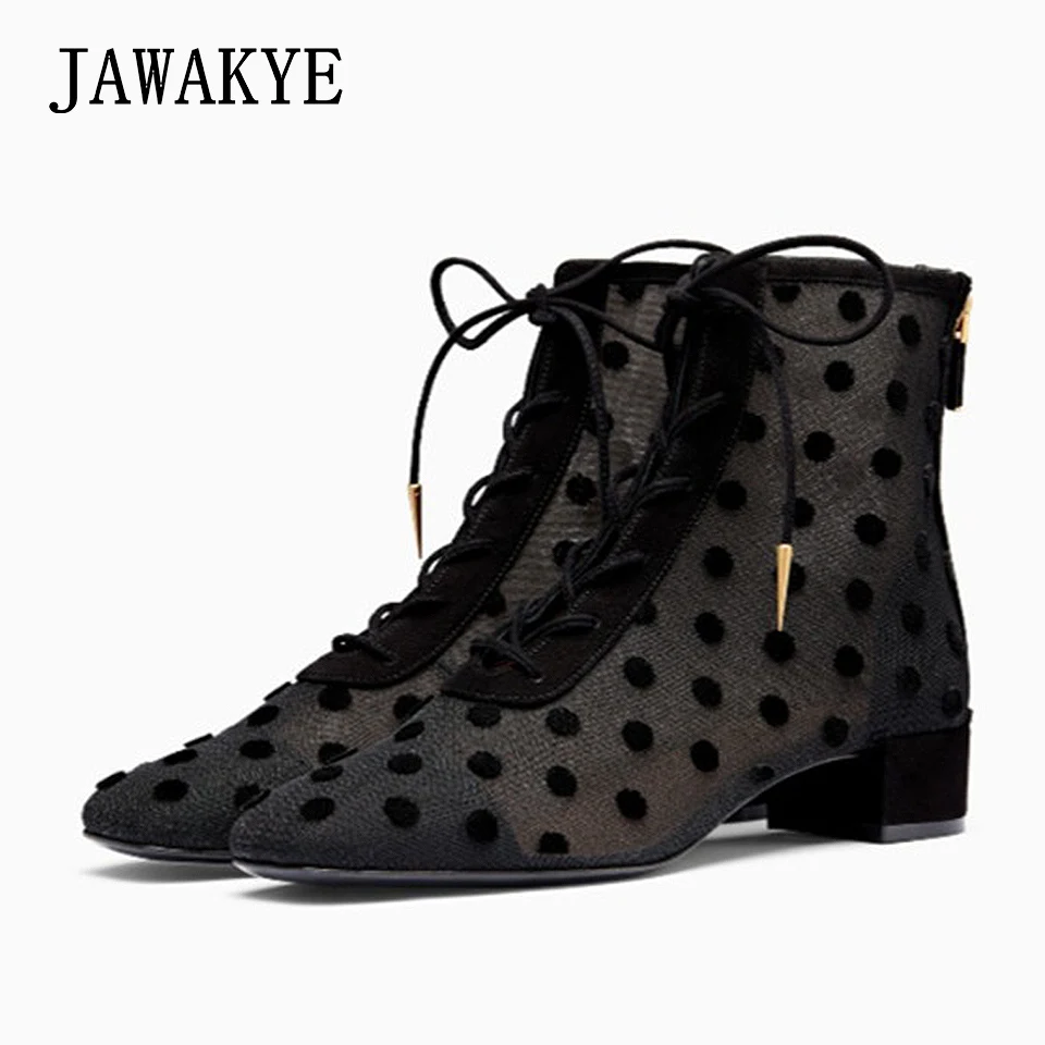 Black Polka dot Mesh Lace ankle boots women Lace up kitten heels Summer Boots female gladiator sandals Square toe botines mujer Black Polka dot Mesh Lace ankle boots women Lace up kitten heels Summer Boots female gladiator sandals Square toe botines mujer