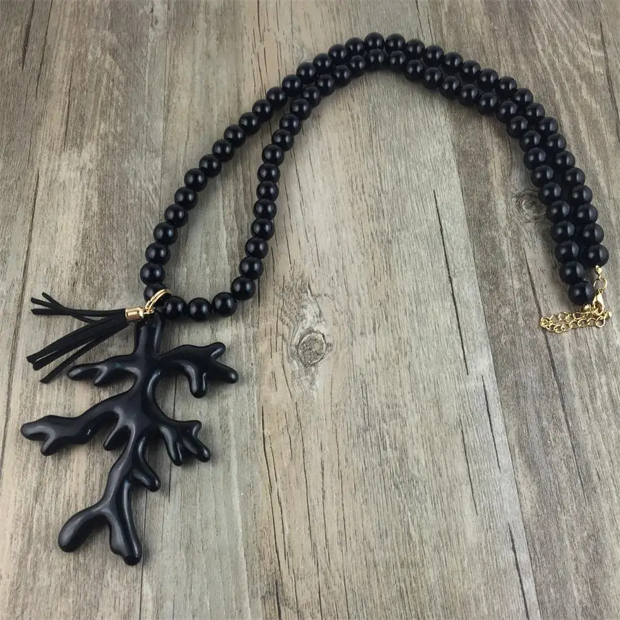 

Fashion Women Necklace Pendant Ball Chain Imitation Black Coral Long Statement Boho Necklace