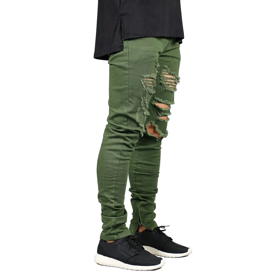 Men Skinny Jeans Fashion Stretch Zippers Style Hip Hop Army Green Jeans ...