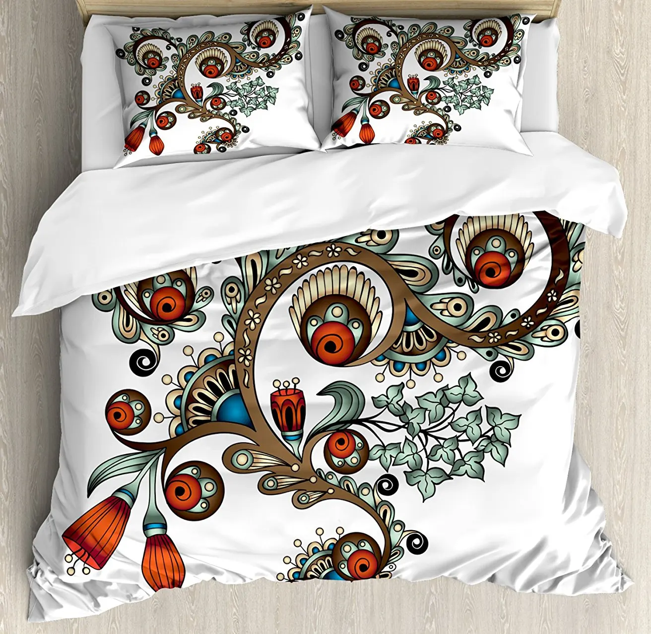 Henna Duvet Cover Set Doodle Style Floral Pattern Vibrant Color Palette