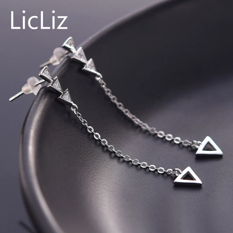 Женские серьги подвески LicLiz 925 пробы с серебряными треугольниками и длинной