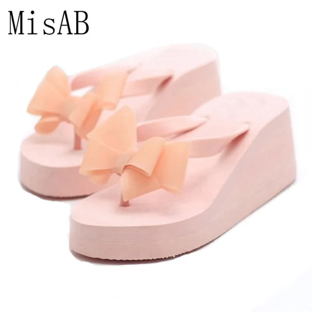 Free Shipping Women Sandals 2018 Flowers Wedges Summer Sandals sweet bowtie Women platform Beach Flip Flops Women Shoes ALF108