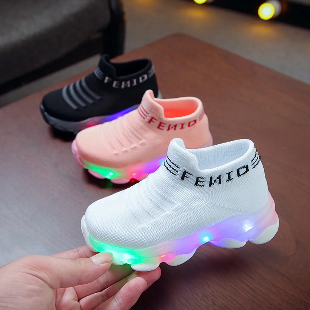 New Fashion Children Baby Girls Boys Letter Mesh Led Luminous Socks Sport Run Sneakers Casual Shoes Kids Shoes With LED