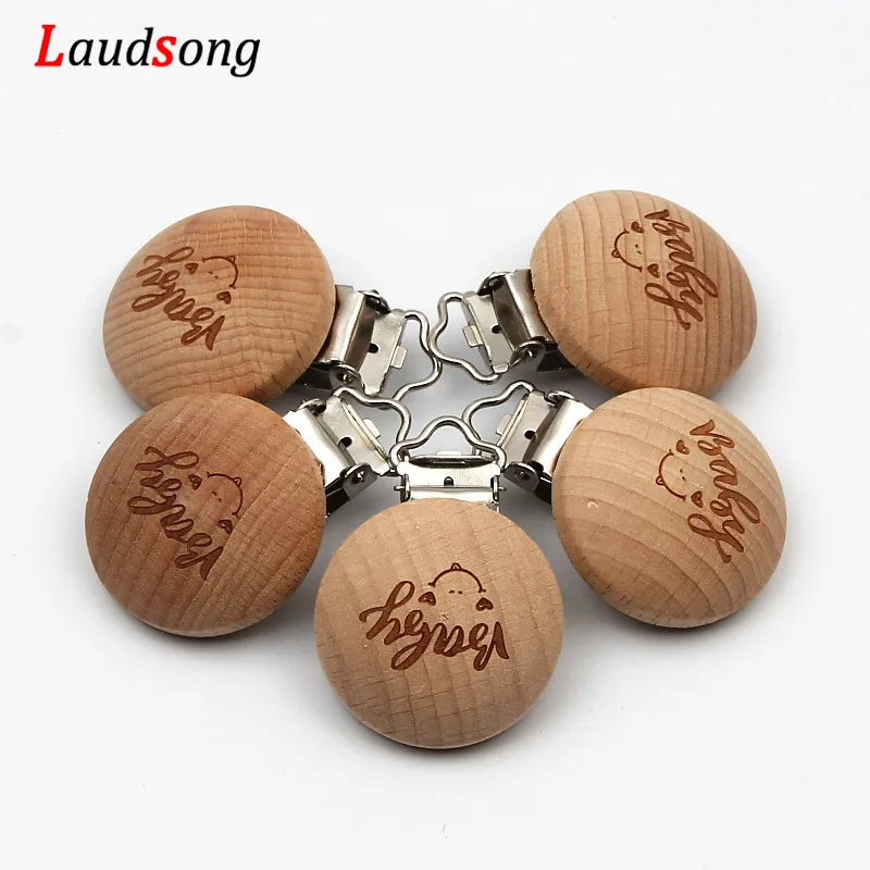 

5pcs Engraved Beech Wood Nipple Clip Holder Baby Pattern Pacifier Clip Dummy Holder Clips