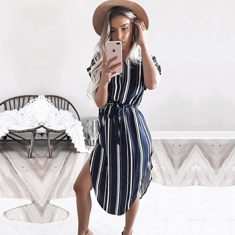 

Women Dress Summer 2019 Elegant Striped Print Vintage Midi Leisure Dress Fashion Beach Chiffon Dress Sundress Vestidos Plus Size