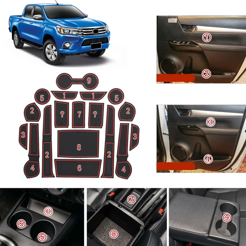 

For Toyota Hilux Revo 4 Door 2016 2017 2018 Inner Door Slot Pad Rubber Mat Water Cup Anti-Slip Mats 18pcs Car Styling