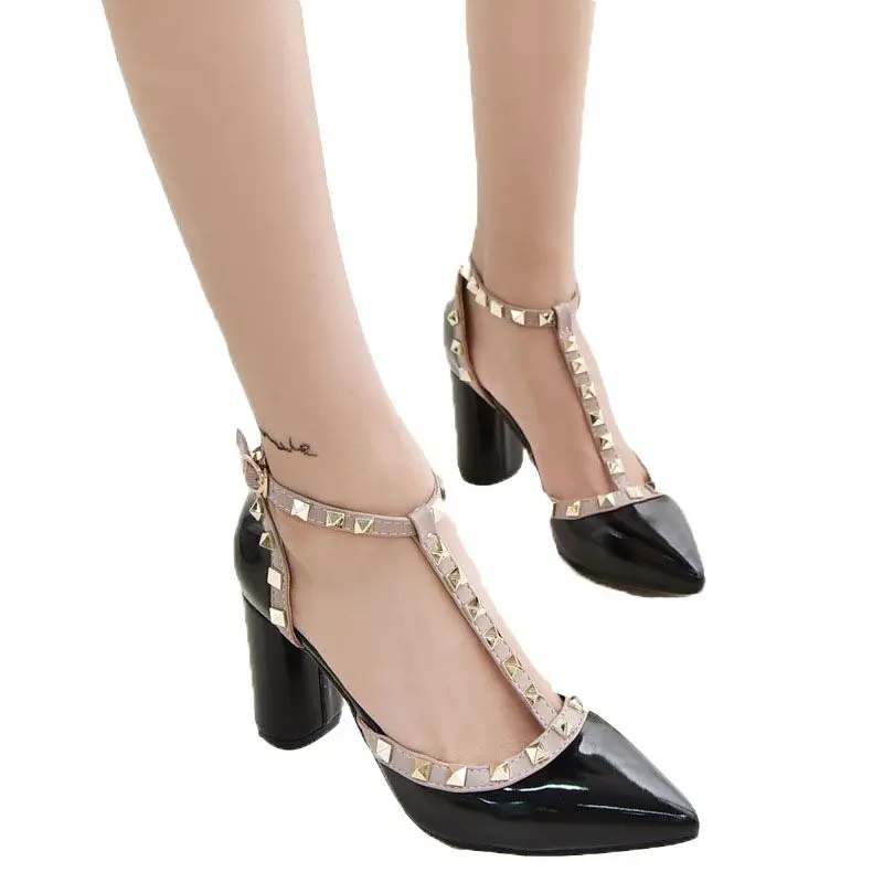 

Free shipping 7CM 2018 Pumps new shoes T belt buckle hollow rivets pointed high-heeled patent leather high heels shoes women