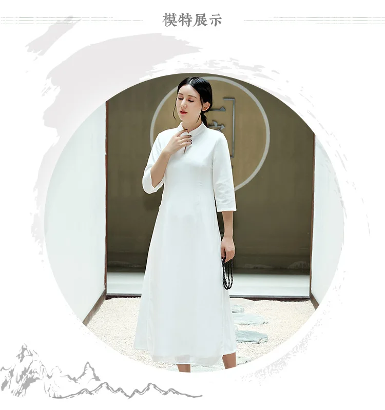 Ретро Китайский Стиль Для женщин Улучшенная платье Чонсам литературный Национальный Стиль Тонкий Zen Чай белое платье