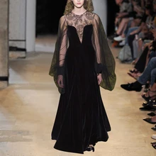 Европейское высококачественное подиумное платье женское весеннее сексуальное черное в горошек точечный фонарь рукав кружевное бархатное лоскутное длинное платье