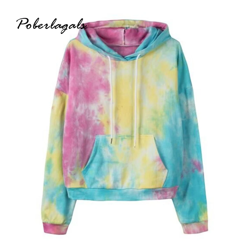 

Autumn 2019 Winter Women casual tie-dyed pocket nostalgic short hooded ladies sweatshirt female harajuku blusas womens