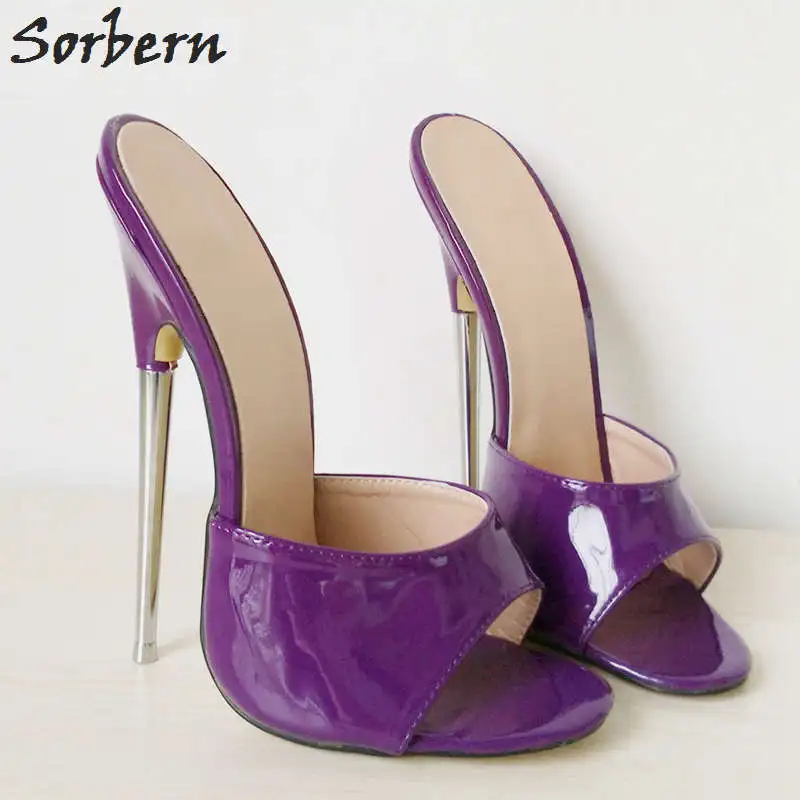 Sorbern/женские босоножки; шлепанцы с открытым носком размера плюс; унисекс; большие размеры 36-46; недорогие скромные модные босоножки на высоком тонком металлическом каблуке - Цвет: Purple Shiny