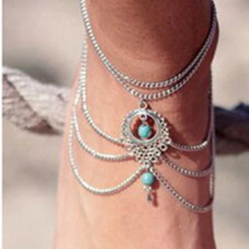 QianBei 2018 New Bohemian Style Punk Retro Multilayered Tassel Blue Stone Ankle Chain For Men Women Jewelry Gifts | Украшения и