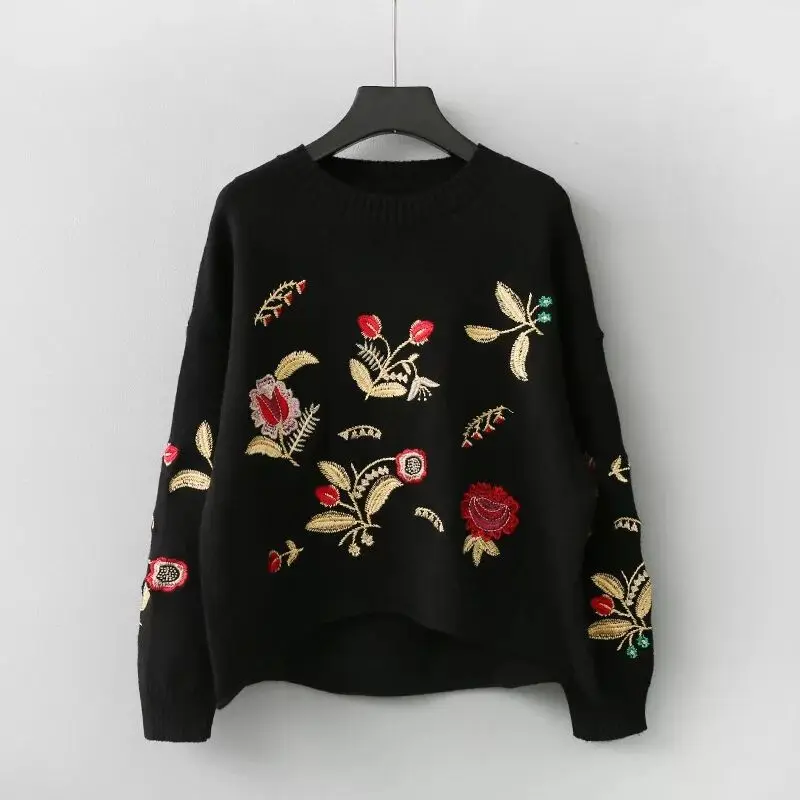 

MUMUZI Spring Autumn up down Sweater Jumper New Fashion Women Sweater Female Flower Embroidery Knitted Sweater Pullovers