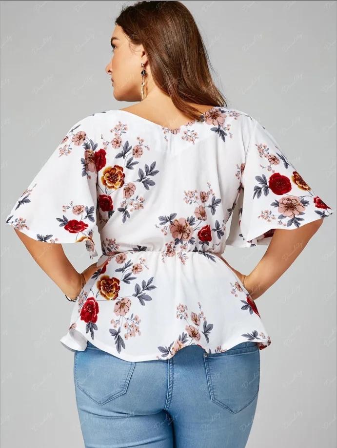Floral Plus Size Belted Surplice Peplum Blouse Women Tops V-neck Cusual Clothes 3XL 4XL 5XL
