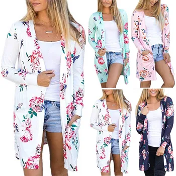 

Fashion Summer Autumn Women Coat Long Sleeve Flowers Printing Pocket Outwear Casual Ladies Girls Cardigan Jacket H8