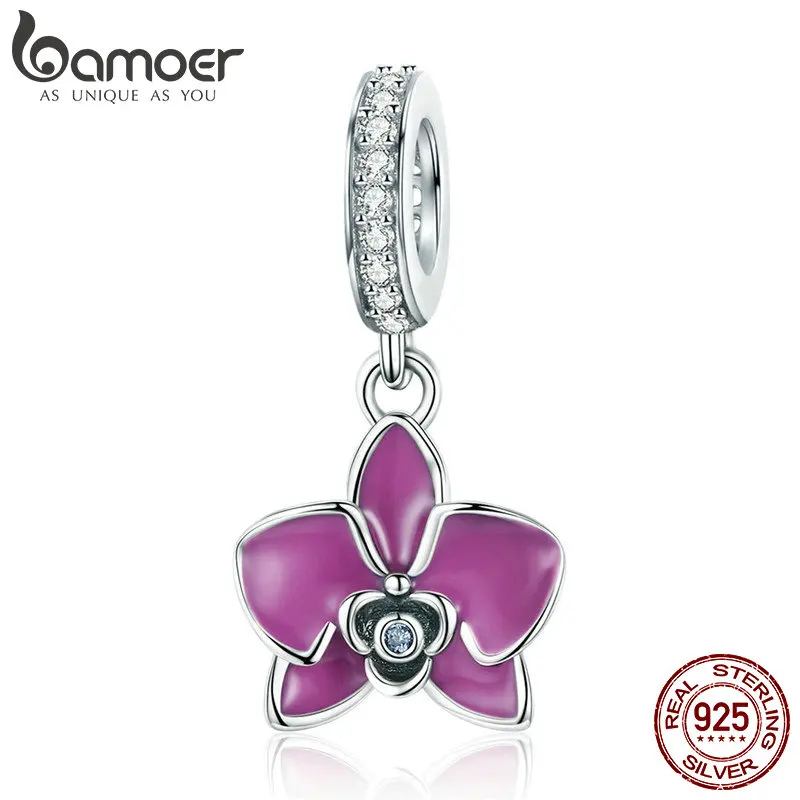

BAMOER Genuine 925 Sterling Silver Romantic Orchid Flower Enamel Charm fit Women Bracelets Bangles DIY Jewelry Making SCC806