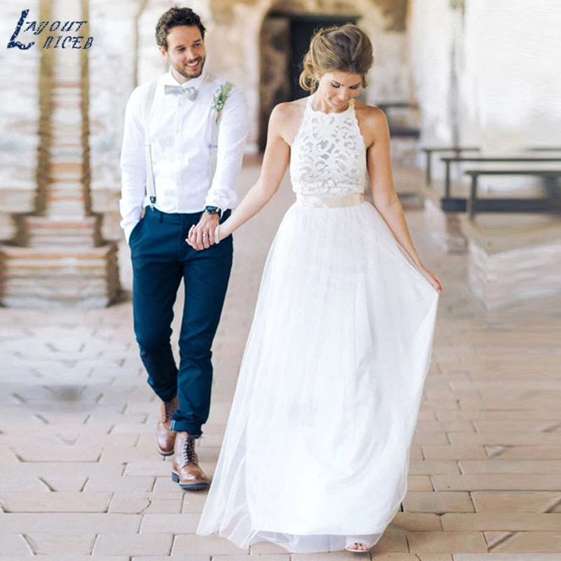 

ZL1032 New Charming Boho Halter A Line Lace Tulle Beach Wedding Dresses Bridal Gowns Celebrity vestido De Noiva robe de mariee