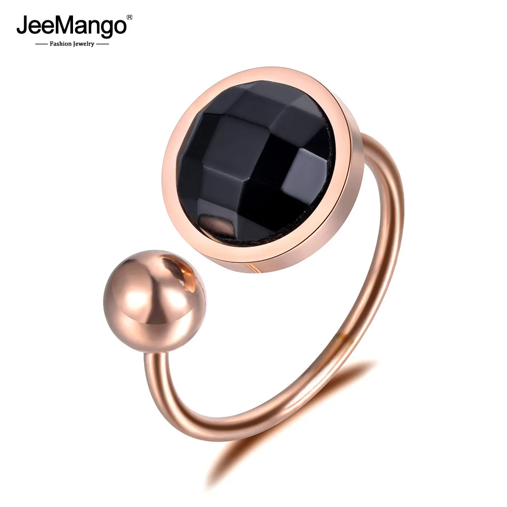 

JeeMango Trendy Stainless Steel Stone Rings Rose Gold Color Black Zircon Crystal Open Ring For Christmas Gift Girl Women JR18147