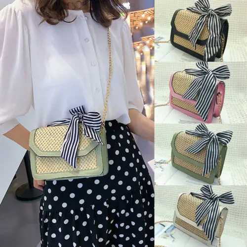 Women Fashion Straw Bowknot Shoulder Bag Lady Handbag Leather Crossbody Bag Ladies Bow Pactwork Shoulder Bags Women Handbags