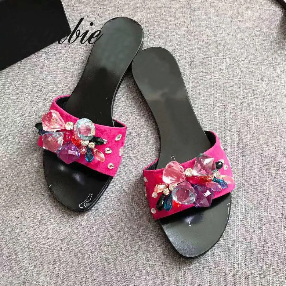 

JUNBIE Brand Designer Genuine Leather Crystal Floral Summer Slippers Open Toe Slip On Party Beach Slippers Flats Ladies Shoes