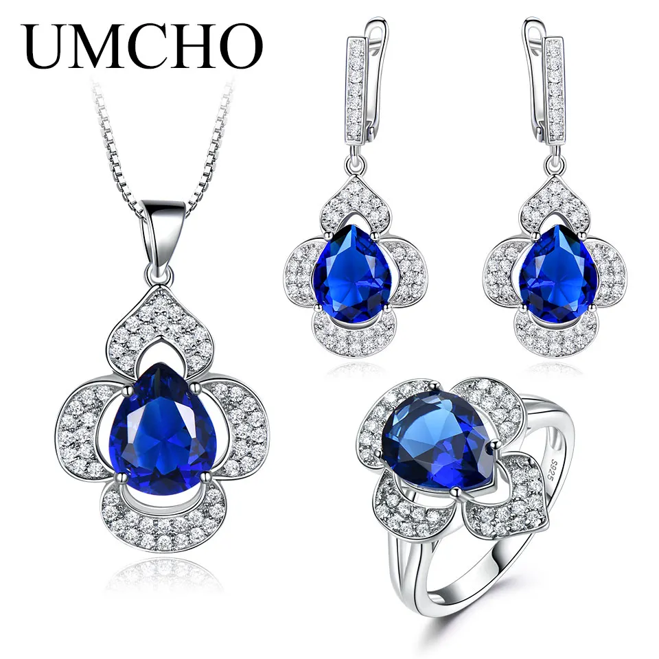 UMCHO 925 пробы Серебряный набор украшений для женщин Синий Сапфировое Кольцо из драгоценных камней кулон Висячие серьги женский свадебный подарок ювелирные изделия