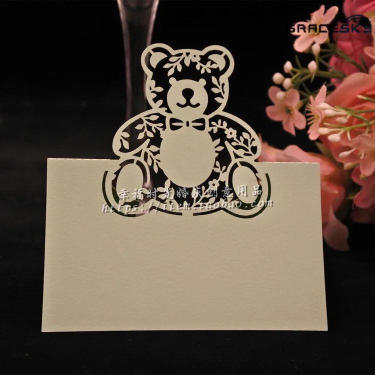 50pcs laser cut blue cute bear Birthday Wedding invitation Table cards place seat name cards Baby shower party Table decoration