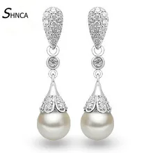 AAA Zircon Cubic Zirconia Round Natural Pearls Water Drop Earings 925 Sterling Silver Long Earrings For Women Fine Jewelry E484