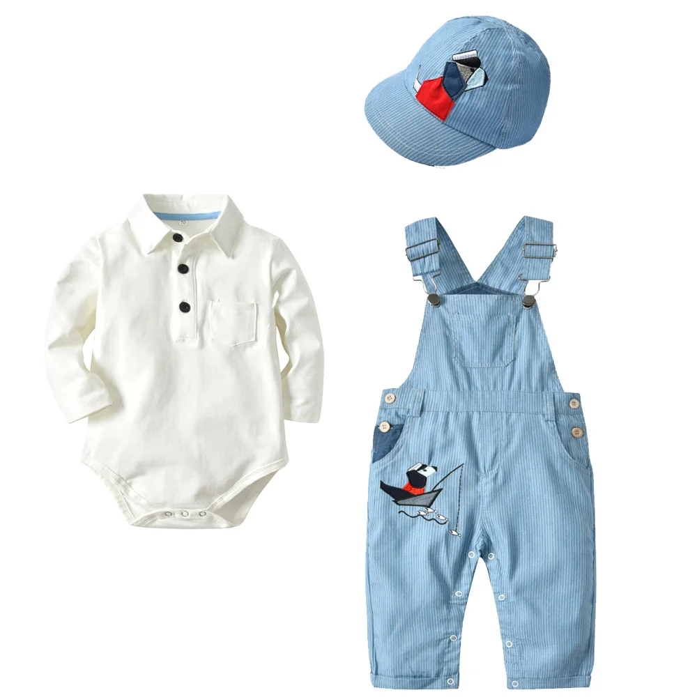 

Infant Baby Boy Girl Clothing Set 2019 Spring Fall Babe Romper+Suspender Trousers+Hat 3 Pieces New born Baby Outfits Set
