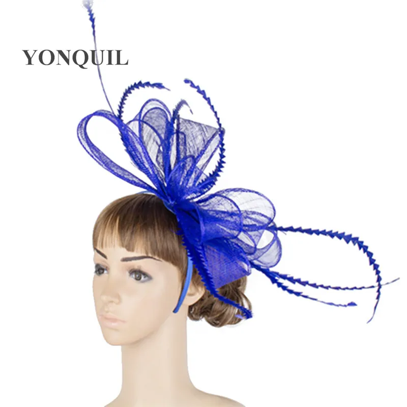 Головной убор sinamay characator яркого цвета, сетчатый, с перьями, церковное шоу, аксессуары для волос, Коктейльные шляпы MYQ035 - Цвет: Синий