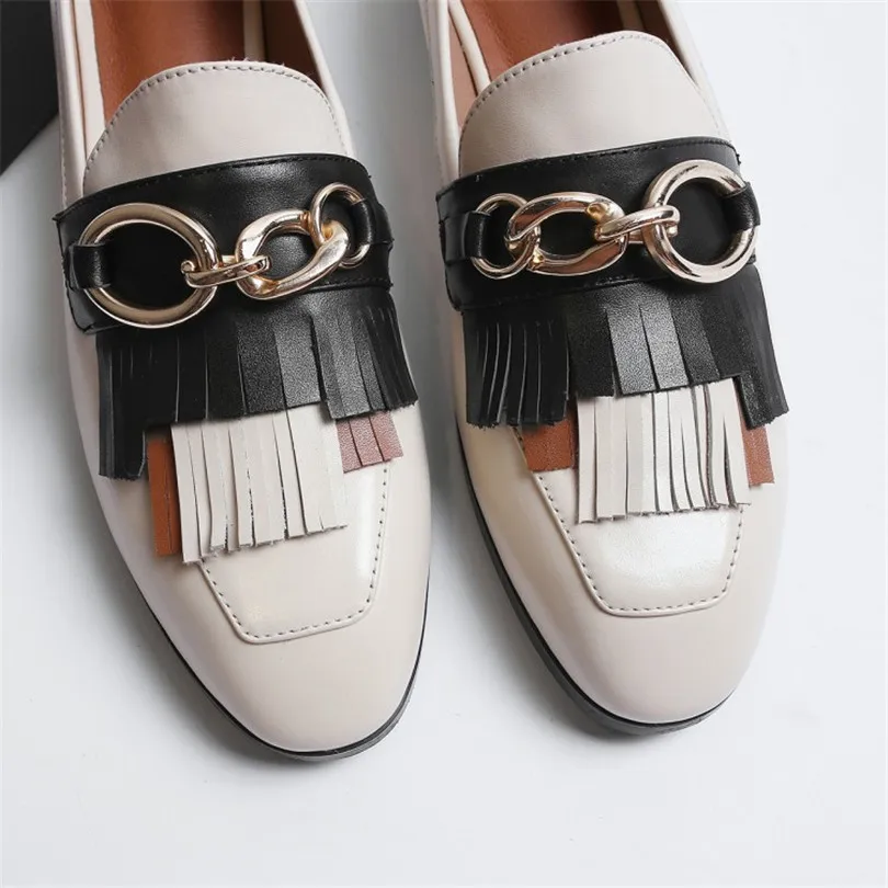 Talon Métal Véritable Femmes Décor En Concise Chaussures white Chaîne Zapatos Fringe Plat Mocassins Cuir Bout Occasionnels Black Tassel Rond Mujer BwCYx5Pq