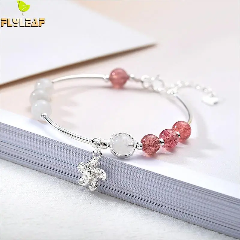 

Flyleaf 100% Nature Bracelets & Bangles Strawberry Crystal Moontsone Flower 925 Sterling Silver Bracelet For Women Fine Jewelry