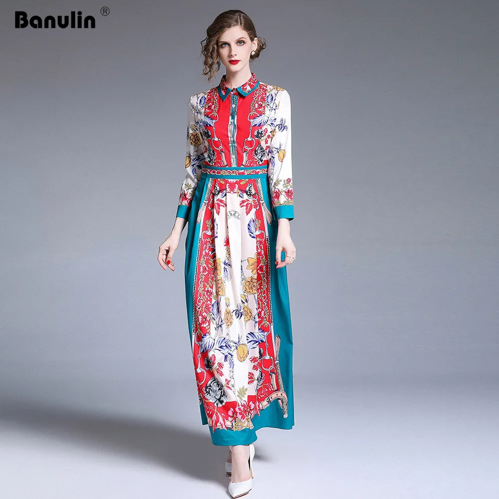 

Banulin New Arrival 2019 Fashion Designer Runway Dress Women's Turn Down Collar Charming Floral Print Dress Slim Party Vestidos