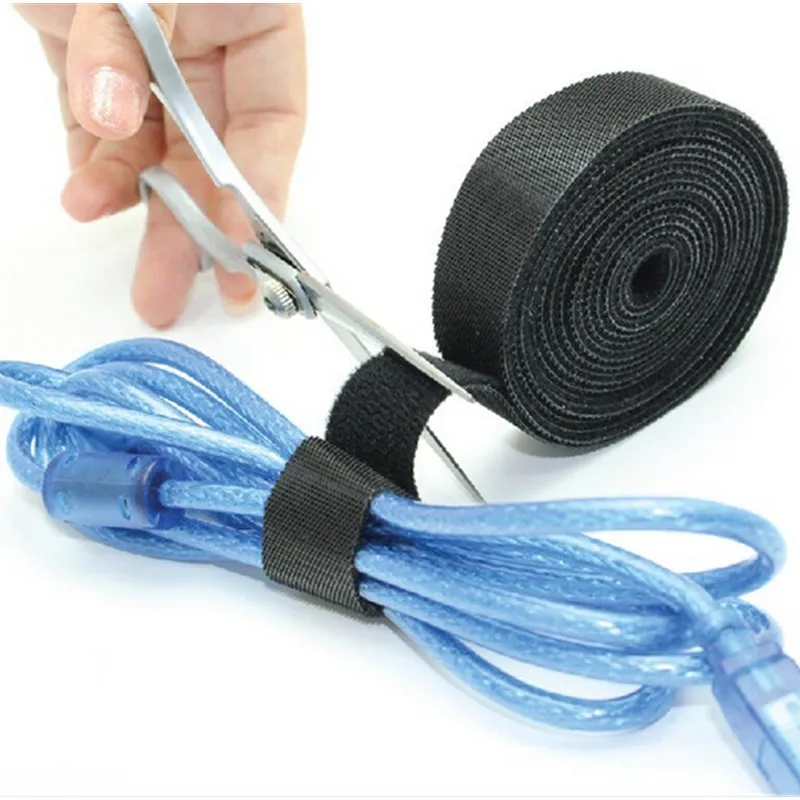 Self-adhesive Black Nylon Cable Winder Ties Wrapped Cord Line Reusable Wire Organizer Management Hook Loop Magic Tape