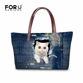 

FORUDESIGNS Designer Handbag Tote Bags High Quality Women Cute Denim Cat Shoulder Bag Big Size Ladies Casual Bag Latest Design