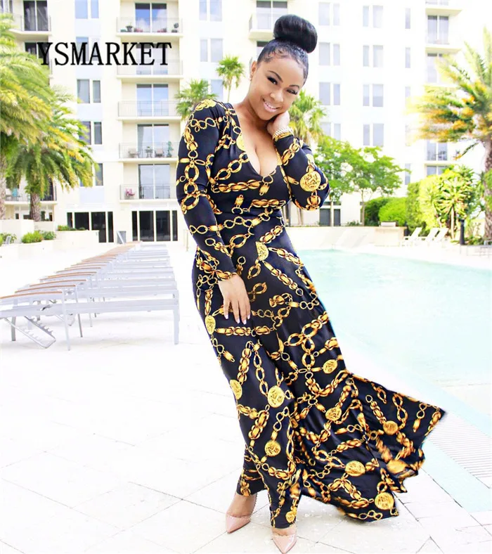 

2018 NightClub Fashion Gold Chain Digital Print Long Maxi Dress Women Deep V Long Sleeve Plus Size Dress EK8155