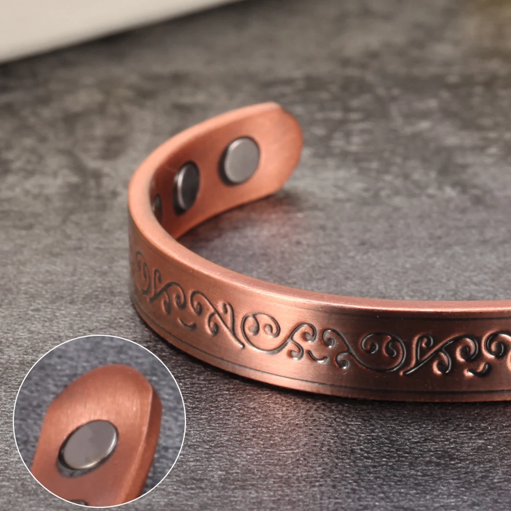 Vinterly Magnetic Bracelets Pure Copper Unisex Health Energy Bangles Vintage Flower Adjustable Open Cuff Jewelry Women Resizable 4