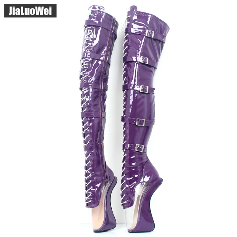 

jialuowei 7" Super High Heel Hoof Heelless Ballet Boots Transparent Toe Lace-up Zip Buckle Straps Sexy Fetish Over-Knee Boots