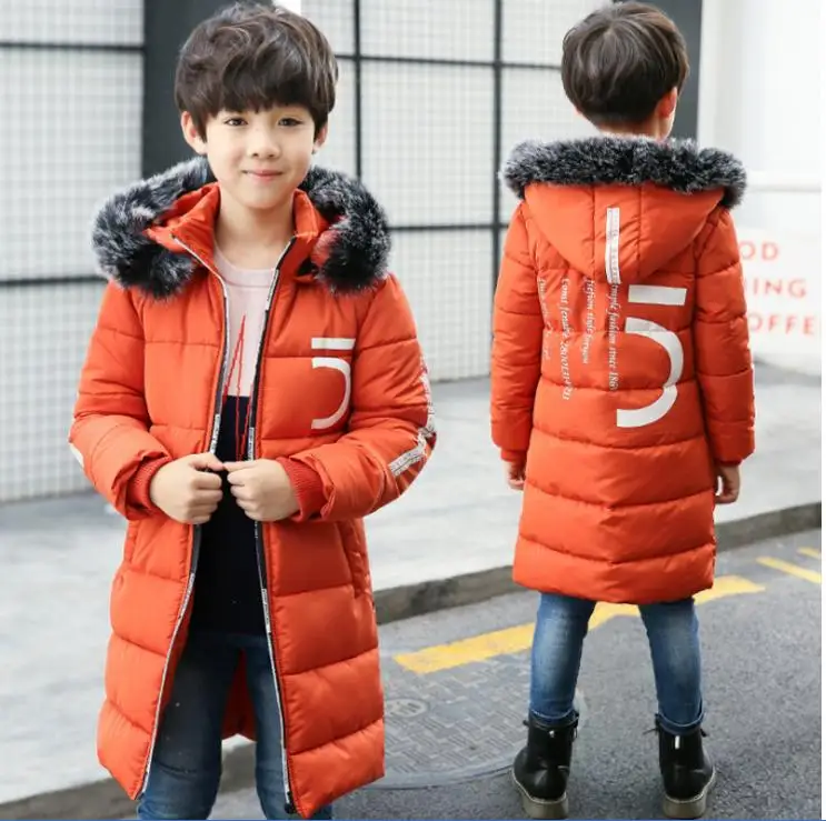 Детская одежда Зимнее пальто для мальчиков новая утепленная длинная подростки 12 хлопчатобумажная одежда 15 лет оранжевого и черного цвета - Цвет: Оранжевый