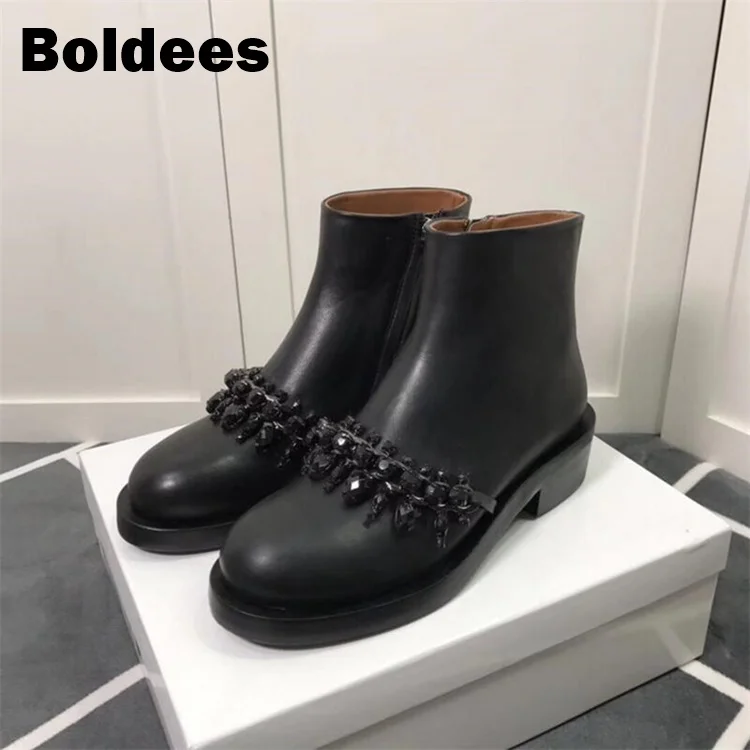 Black Leather Side Zipper Rhinestone Chain Ankle Boots Woman Round Toe Real Flat With Martin Boots Women Fashion Zapatos Mujer 